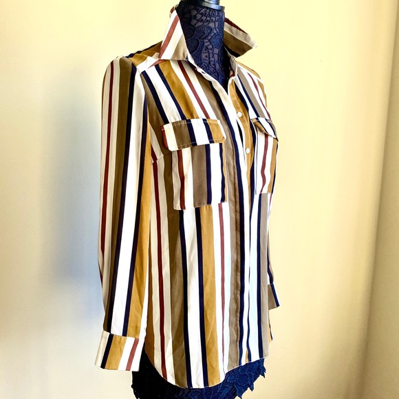 Green Olive White Stripe Long Button-down Blouse 6 - Picture 4 of 16